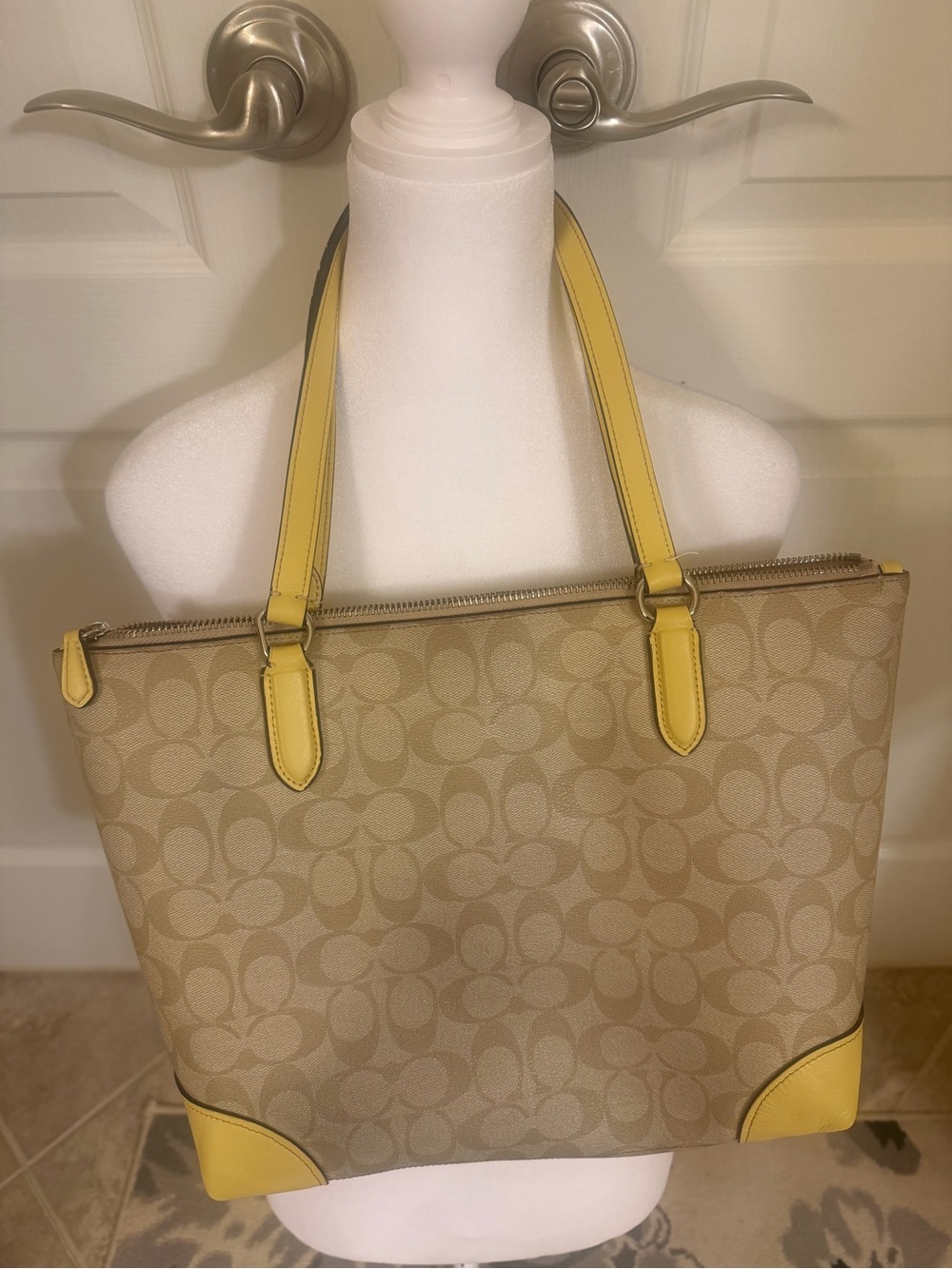 Coach Beige Signature Tote with Yellow Trim “Authentic” - Picture 3 of 13
